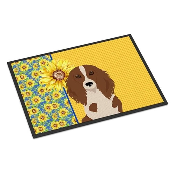 Summer Sunflowers Longhair Red Pedbald Dachshund Indoor or Outdoor Mat 18x27 27 in x 18 in