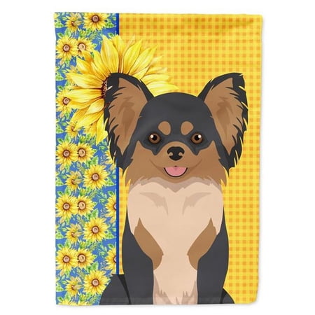 Summer Sunflowers Longhaired Black and Tan Chihuahua Flag Garden Size 11.25 in x 15.5 in