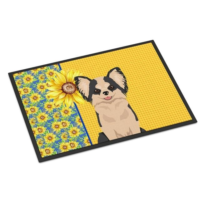 Summer Sunflowers Longhaired Black and White #2 Chihuahua Indoor or Outdoor Mat 24x36 36 in x 24 in