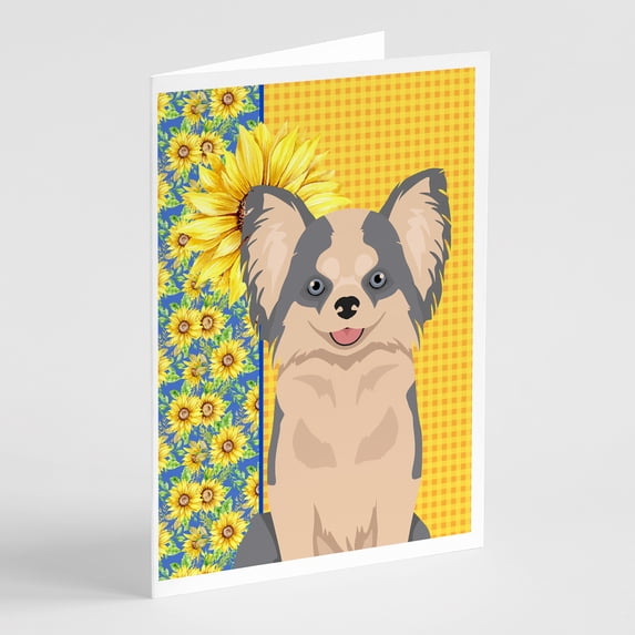 Summer Sunflowers Longhaired Blue and White Chihuahua Greeting Cards and Envelopes Pack of 8 7 in x 5 in