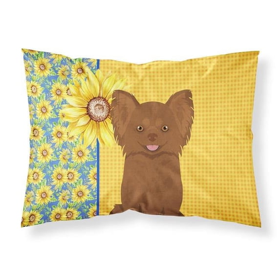 Summer Sunflowers Longhaired Chocolate Chihuahua Fabric Standard Pillowcase