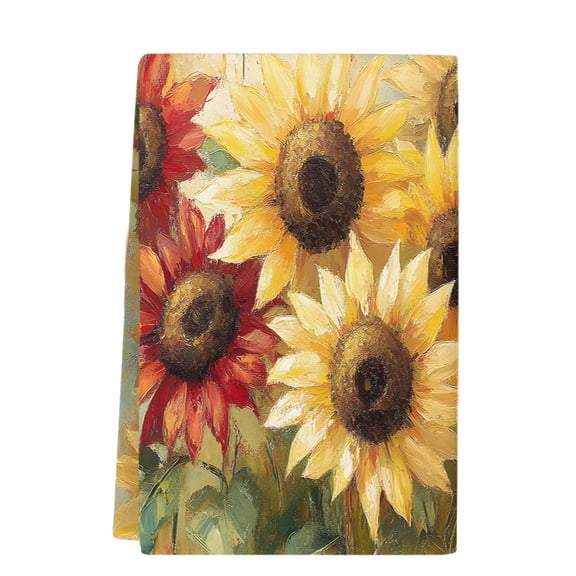 Summer Sunflowers Microfiber Kitchen Towel, Red Yellow Floral Leaf Wood Grain Soft Absorbent Dish Towels, Quick Drying Washable Dishcloths for Kitchen Cleaning, Drying Dishes, 18x28 Inches