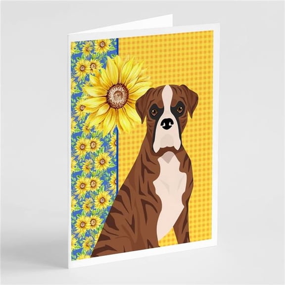 Summer Sunflowers Natural Eared Red Brindle Boxer Greeting Cards and Envelopes Pack of 8 7 in x 5 in