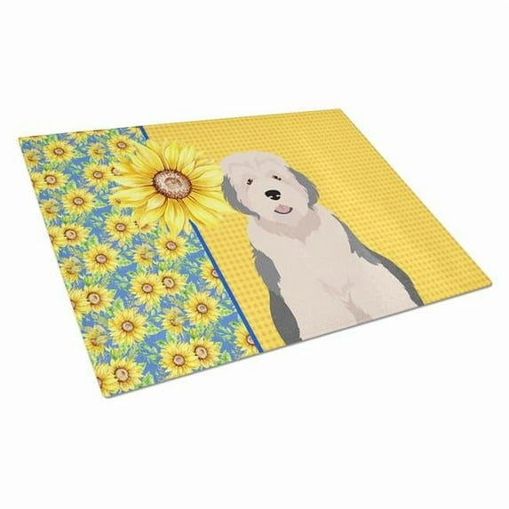 Summer Sunflowers Old English Sheepdog Glass Cutting Board Large 12 in x 15 in