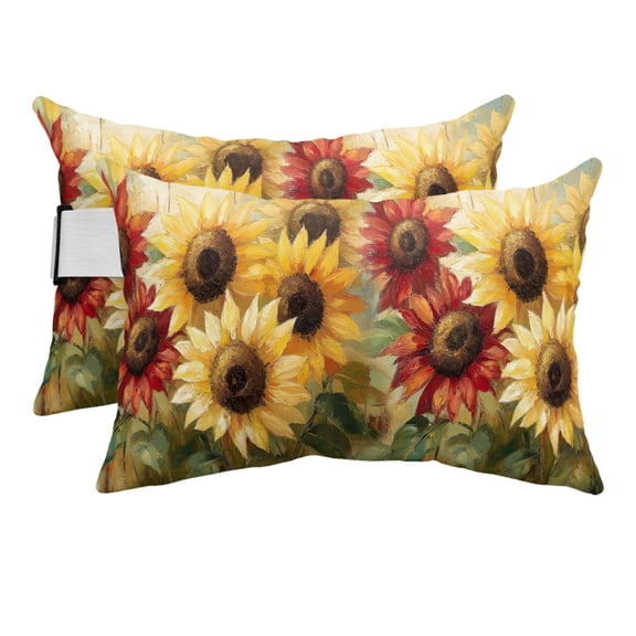 Summer Sunflowers Outdoor Pillows for Chaise Lounge Chair Beach Headrest Pillow Set of 2 Waterproof Lumbar Pillows with Insert&Strap Red Yellow Floral Leaf Wood Grain Pillow for Patio Pool 12"x20"