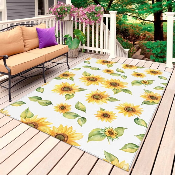 Summer Sunflowers Outdoor Rug 3x5 Ft, Non Slip Washable Area Rug, Watercolor Botanical Floral Leaves Patio Rugs Carpet Runner, Large Floor Mat for Indoor/Outdoor Deck Porch Camping