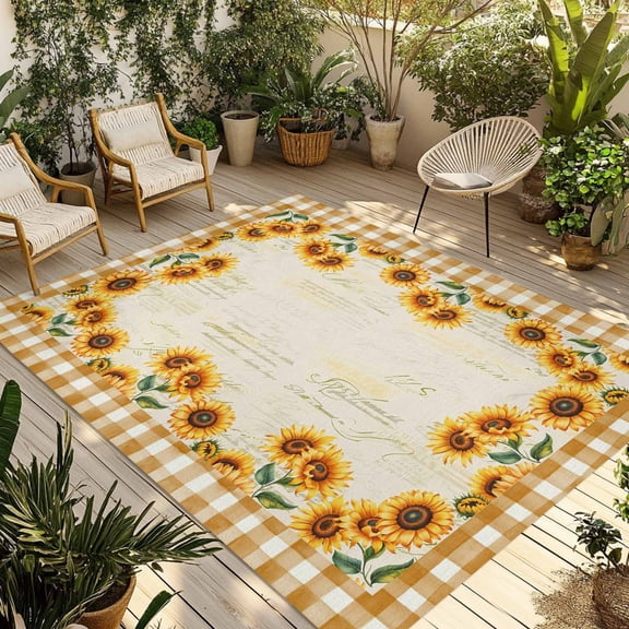 Summer Sunflowers Outdoor Rug for Patio/Deck/Porch, Non-Slip Large Area Rug 3 x 5 Ft, Country Botanical Flowers Leaves Indoor Outdoor Rugs Washable Area Rugs, Reversible Camping Rug Carpet Runner