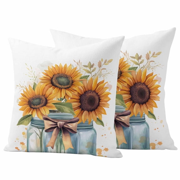 Summer Sunflowers Outdoor Waterproof Pillow Covers, Spring Watercolor Floral Leaf Bow Vase Decorative Square Throw Pillowcase Sofa Cushion Sham for Patio/Couch/Chair, 24"x24" 2 Pack