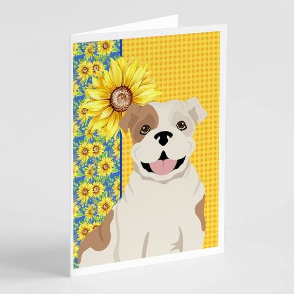 Summer Sunflowers Piebald English Bulldog Greeting Cards and Envelopes Pack of 8 7 in x 5 in