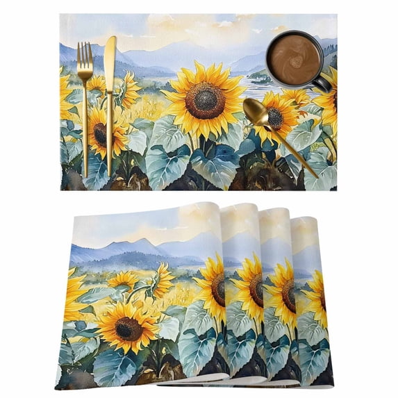Summer Sunflowers Placemats Set of 12, Nature Scenery Sky Mountain Watercolor Retro Non-Slip Place Mats Washable Table Mats for Kitchen Dining Table Decorations Indoor/Outdoor
