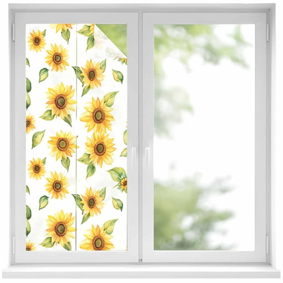 Summer Sunflowers Privacy Window Film, Decorative Frosted Glass Window Film, Watercolor Botanical Floral Leaves Reusable Peel and Stick Static Cling for Home Bathroom Office Glass Door 17.7"x39.3"