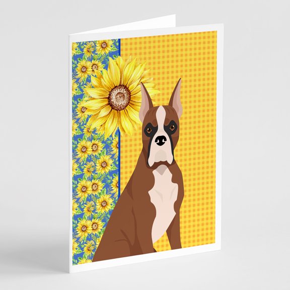 Summer Sunflowers Red Fawn Boxer Greeting Cards and Envelopes Pack of 8 7 in x 5 in