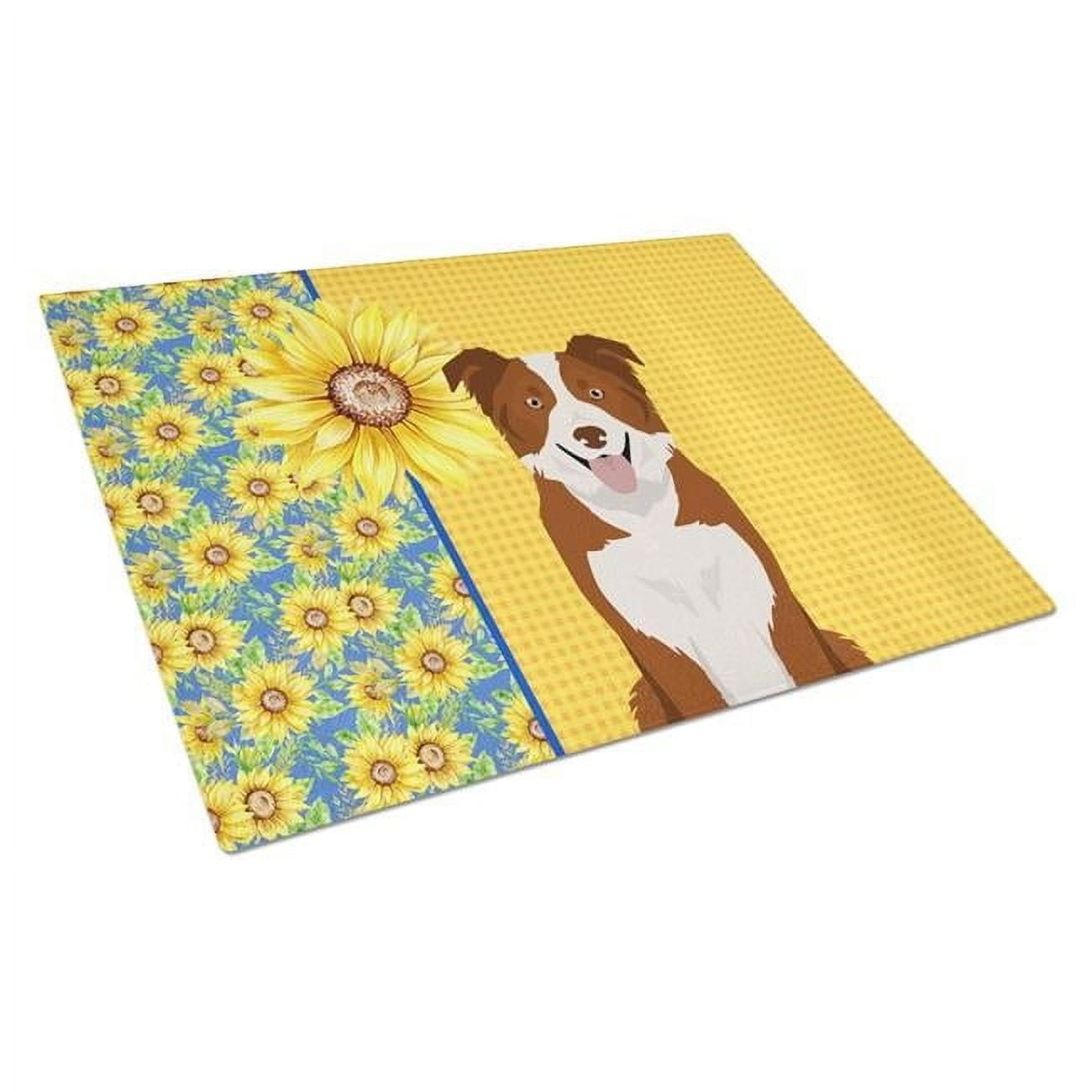 Summer Sunflowers Red and White Border Collie Glass Cutting Board Large 12 in x 15 in