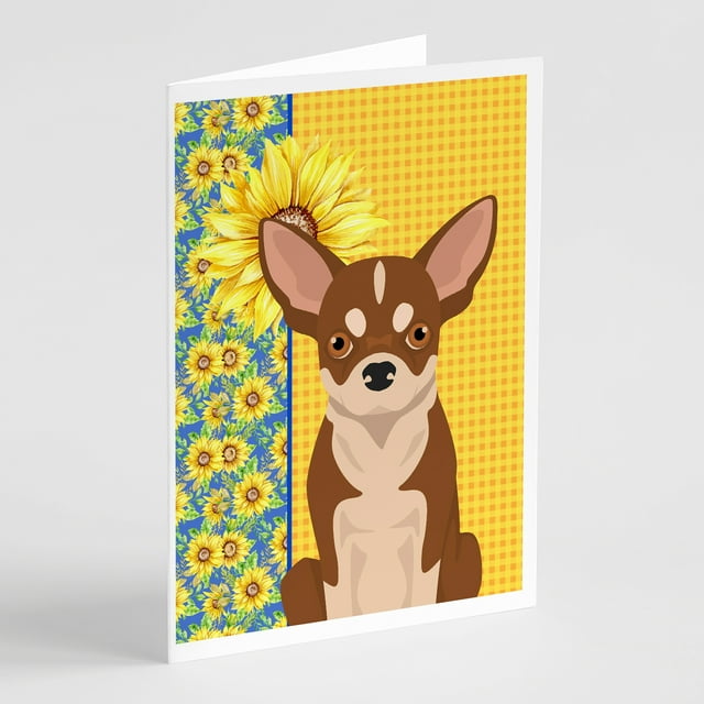 Summer Sunflowers Red and White Chihuahua Greeting Cards and Envelopes Pack of 8 7 in x 5 in