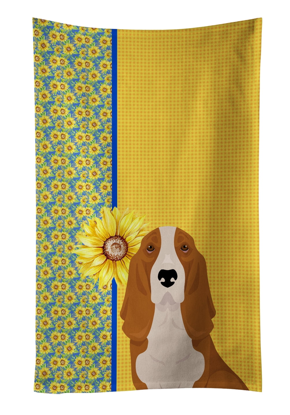 Summer Sunflowers Red and White Tricolor Basset Hound Kitchen Towel 15 in x 25 in