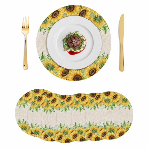Summer Sunflowers Round 13 Inch Placemats Set of 6, Botanical Country Flowers Leaves HeatResistant Non Slip Place Mats for Dining Table, Wipeable Braided Kitchen Table Mats for Housewarming