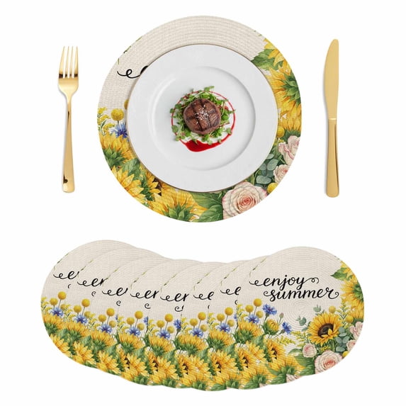Summer Sunflowers Round 13 Inch Placemats Set of 8, Country Botanical Budding Flowers HeatResistant Non Slip Place Mats for Dining Table, Wipeable Braided Kitchen Table Mats for Housewarming