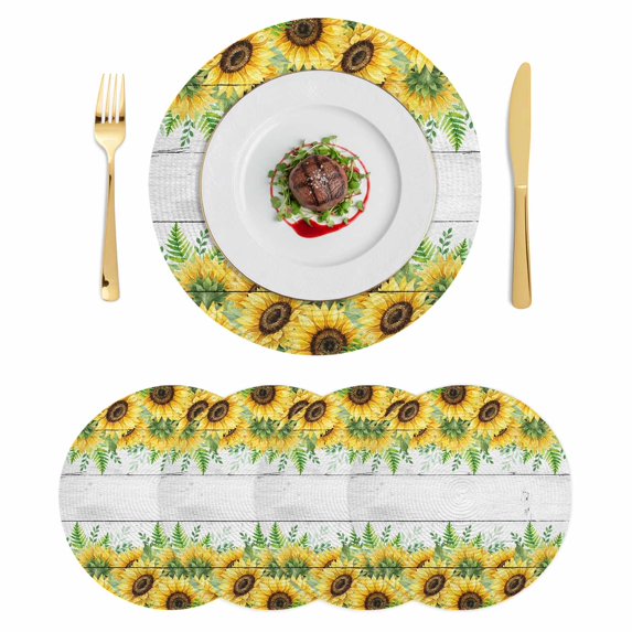 Summer Sunflowers Round 15 Inch Placemats Set of 4, Botanical Blooms Florals Wooden Grain HeatResistant Non Slip Place Mats for Dining Table, Wipeable Braided Kitchen Table Mats for Housewarming
