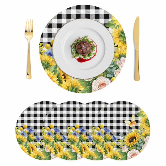 Summer Sunflowers Round 15 Inch Placemats Set of 4, Floral Butterfly Eucalyptus Leaves Plaid HeatResistant Non Slip Place Mats for Dining Table, Wipeable Braided Kitchen Table Mats for Housewarming