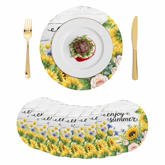 Summer Sunflowers Round 15 Inch Placemats Set of 8, Botanical Floral Butterfly Wooden Grain HeatResistant Non Slip Place Mats for Dining Table, Wipeable Braided Kitchen Table Mats for Housewarming