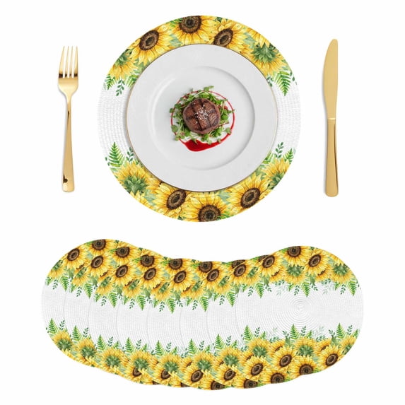 Summer Sunflowers Round 15 Inch Placemats Set of 8, Botanical Yellow Flowers Leaves Plants HeatResistant Non Slip Place Mats for Dining Table, Wipeable Braided Kitchen Table Mats for Housewarming