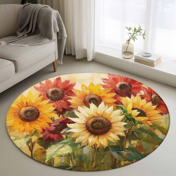 Summer Sunflowers Round Rug 4ft Washable Circle Entryway Rugs Non Slip Abstract Oil Painting Red Yellow Floral Area Rug Indoor Floor Carpet for Bedroom Kitchen Living Room Home Office Dining Room