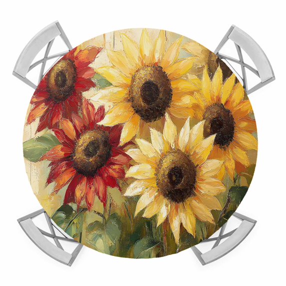 Summer Sunflowers Round Tablecloth for 45-54 Inch Tables,Fitted Table Cover with Elastic Edge,Red Yellow Floral Leaf Wood Grain Waterproof Outdoor Table Cloth Protector for Patio Garden Dinner Picnic