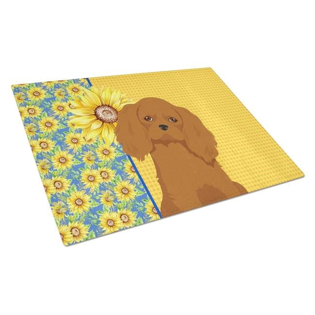 Summer Sunflowers Ruby Cavalier Spaniel Glass Cutting Board Large 12 in x 15 in