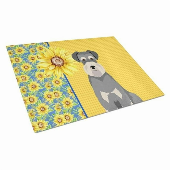 Summer Sunflowers Salt Pepper Natural Ears Schnauzer Glass Cutting Board Large 12 in x 15 in