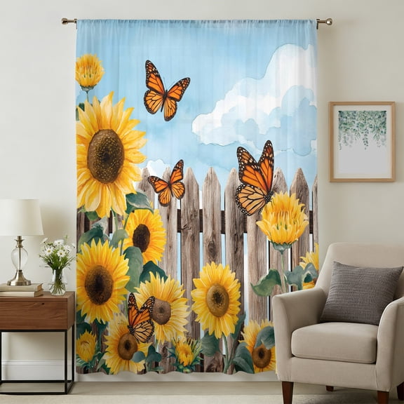 Summer Sunflowers Sheer Curtains 108" Extra Long for Living Room, Rustic Floral Fence Butterflies Blue Sky Light Filtering Privacy Drapes, Semi Sheer Window Treatment for Floor to Ceiling Window
