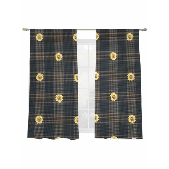 Summer Sunflowers Sheer Curtains 2 Panels Set Black Yellow Plaid Sheer Window Curtains Light Filtering Rod Pocket Voile Drapes for Bedroom Living Room 52"x63"