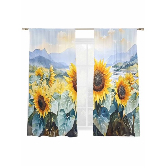 Summer Sunflowers Sheer Curtains 2 Panels Set Nature Scenery Sky Mountain Watercolor Retro Sheer Window Curtains Light Filtering Rod Pocket Voile Drapes for Bedroom Living Room 52"x63"
