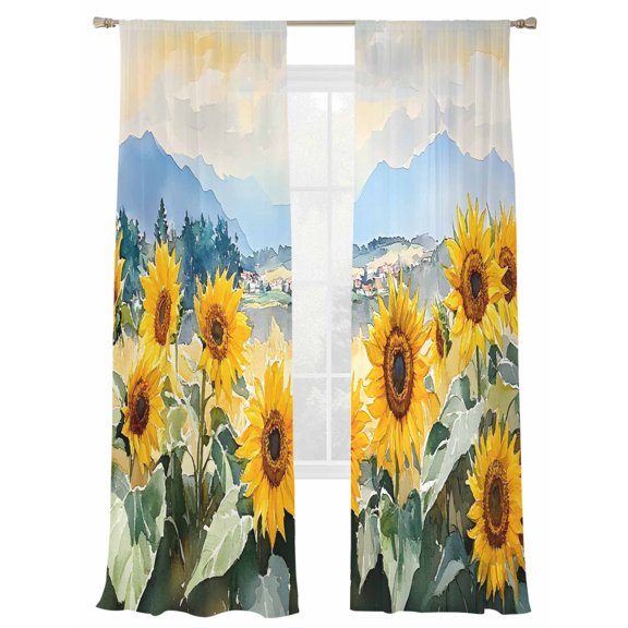 Summer Sunflowers Sheer Curtains 2 Panels Set Sky Mountain Watercolor Retro Landscape Sheer Window Curtains Light Filtering Rod Pocket Voile Drapes for Bedroom Living Room 52"X108"