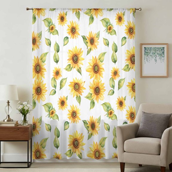 Summer Sunflowers Sheer Curtains 72 Inches Long, Watercolor Botanical Floral Leaves Light Filering Curtains, Breathable Simi Curtain Privacy Drapes for Living Room Bedroom Window Treatment