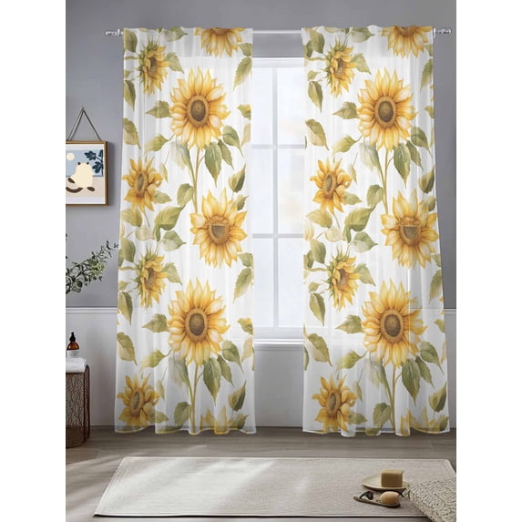 Summer Sunflowers Sheer Curtains for Living Room Bedroom Pastoral Farm Floral Watercolor Sheer Curtains 96 Inch Long 2 Panels Set Light Filtering Curtain Window Treatments Drapes for Dining Room