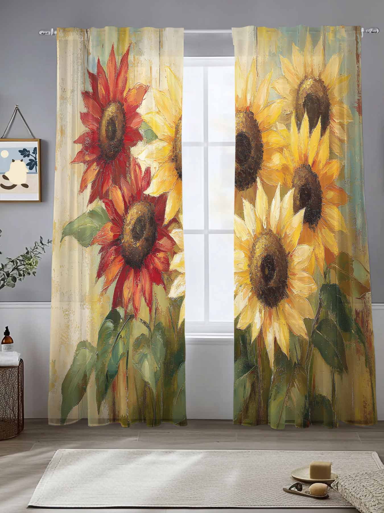 Summer Sunflowers Sheer Curtains for Living Room Bedroom Red Yellow ...