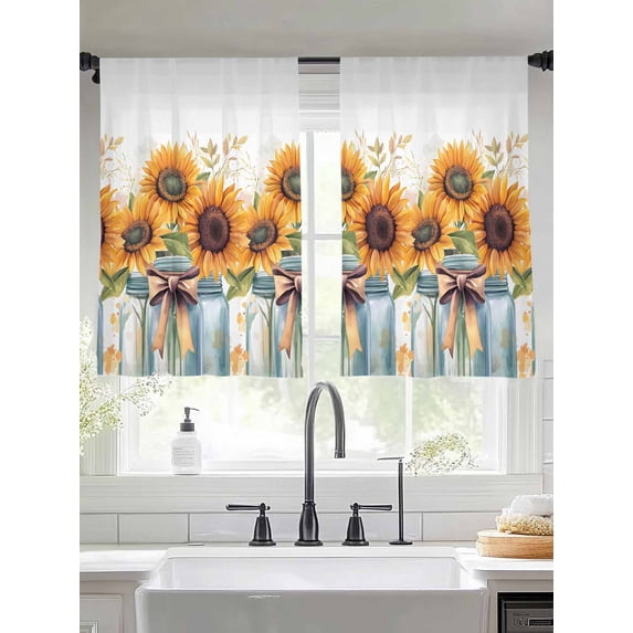 Summer Sunflowers Sheer Curtains for Living Room Bedroom Spring Watercolor Floral Leaf Bow Vase Sheer Curtains 45 Inch Long 2 Panels Set Light Filtering Curtain Window Treatments Drapes