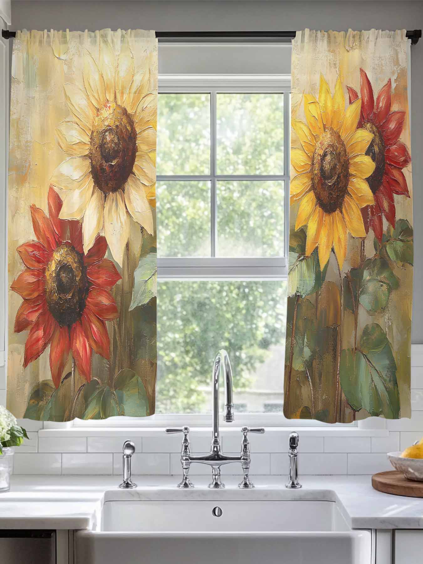 Summer Sunflowers Sheer Curtains for Living Room Bedroom Vintage Oil ...