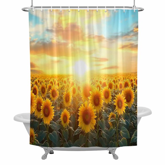 Summer Sunflowers Shower Curtain for Bathroom, Field Sunset Watercolor Retro Landscape Waterproof Cloth Fabric Bathroom Accessories Set with 12 Rust Proof Plastic Hooks, 72"x96"