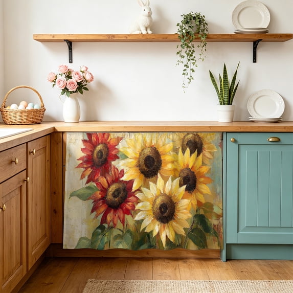 Summer Sunflowers Small Sink Skirt 10"Wx11"L,Dustproof Under Sink Curtain with Self Adhesive Tape,Red Yellow Floral Leaf Wood Grain Cabinet Curtain Cover for Bathroom Vanity,Kitchen Storage Shelf,RV