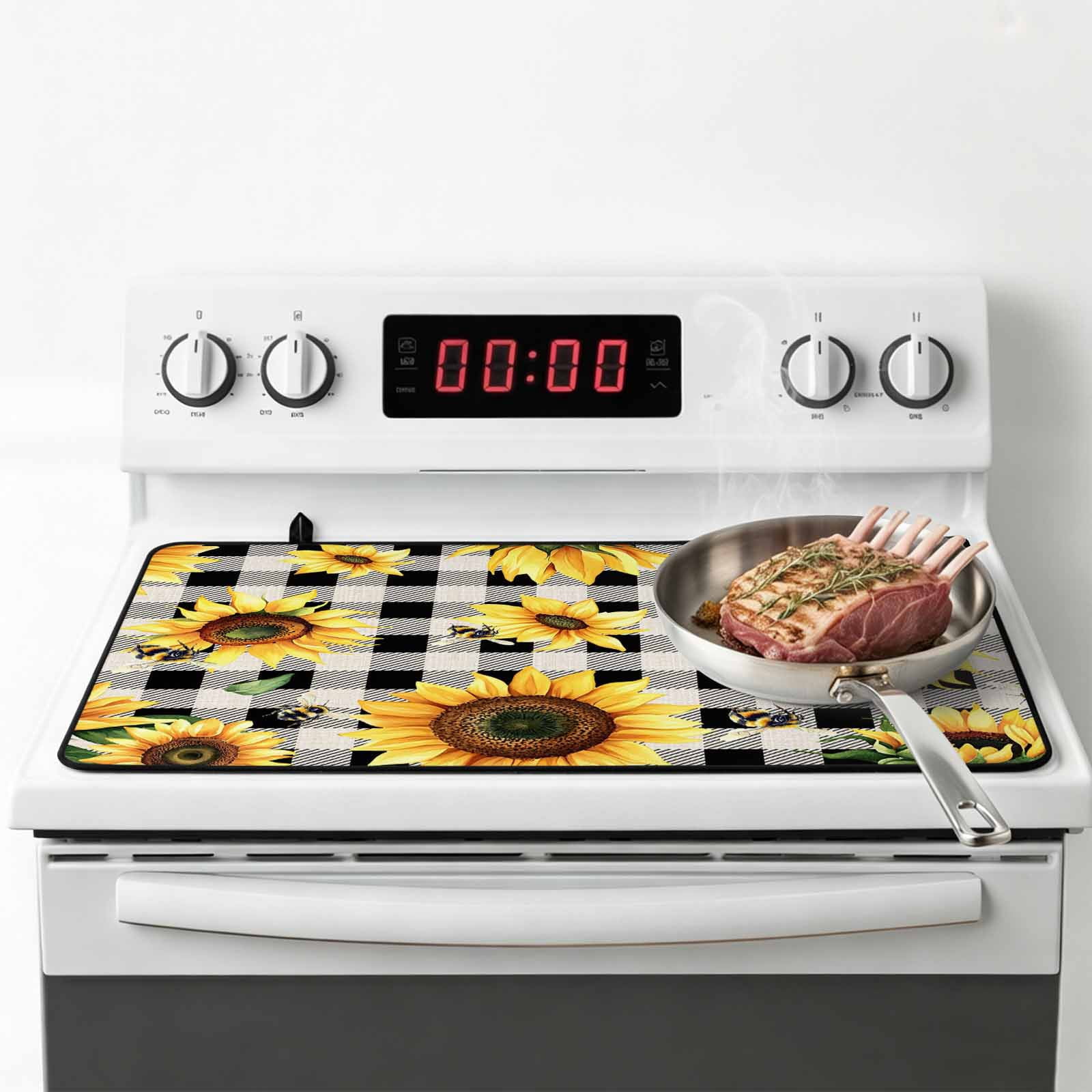Summer Sunflowers Stove Top Cover for Electric Stove, Heat-proof & Non Slip Glass Top Stove Cover Protector, Pastoral Black Plaid Farmhouse Kitchen Flat Cooktop Rubber Mat 24x21 Inches