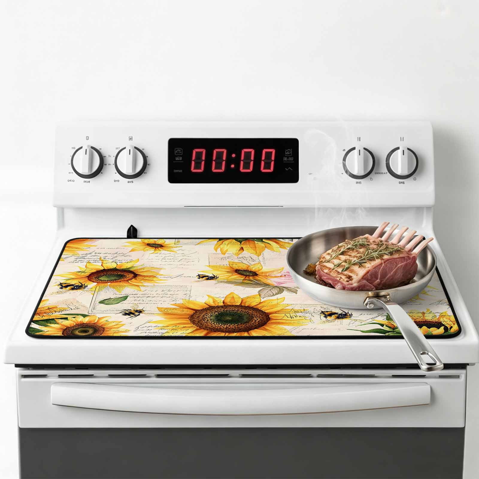 Summer Sunflowers Stove Top Cover for Electric Stove, Heat-proof & Non Slip Glass Top Stove Cover Protector, Pastoral Rose Floral Farmhouse Vintage Kitchen Flat Cooktop Rubber Mat 36x21 Inches
