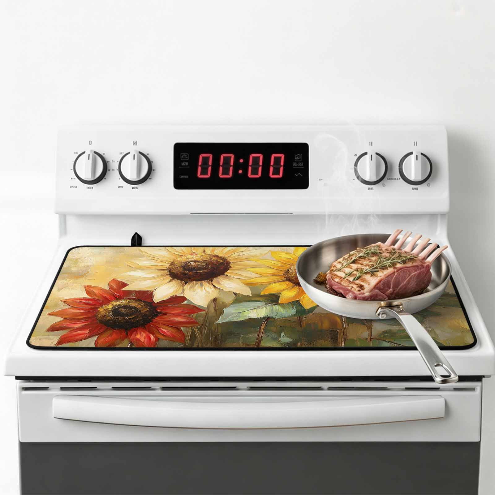 Summer Sunflowers Stove Top Cover for Electric Stove, Heat-proof & Non Slip Glass Top Stove Cover Protector, Vintage Oil Painting Red Yellow Floral Kitchen Flat Cooktop Rubber Mat 24x21 Inches
