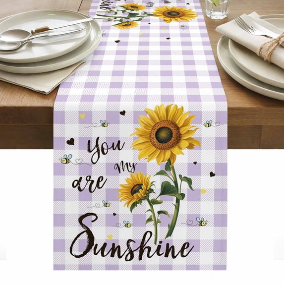 Summer Sunflowers Table Runner - 36 Inch Long, Kitchen Dining Table Runner Dresser Scarves, Bees Pastoral Country Purple Plaid Farmhouse Decor for Coffee Tables Wedding Party Banquet
