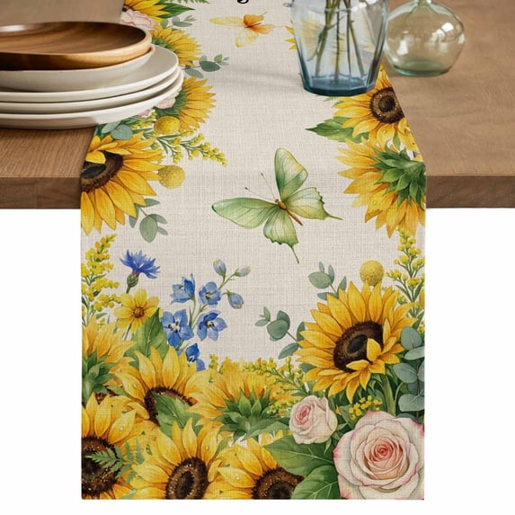 Summer Sunflowers Table Runner 72 Inches, Country Botanical Budding Flowers Bed Runner Dresser Scarves Tabletop for Indoor Outdoor Parties/Ceremony/Banquet, 18" x 72"