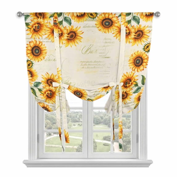 Summer Sunflowers Tie Up Curtain 63 Inches Long, Farmhouses Retro Yellow Floral Balloon Style Kitchen Window Curtain Over Sink, Small Window Rod Pocket Curtain 46"x63"
