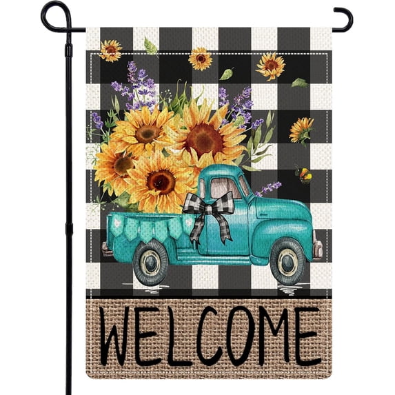 Summer Sunflowers Truck Garden Flag 12.5x18 Double Sided, Rustic Buffalo Plaid Floral Small Yard Flags for Outside, Burlap Seasonal Holiday Welcome Flag for Farmhouse Outdoor Decoration