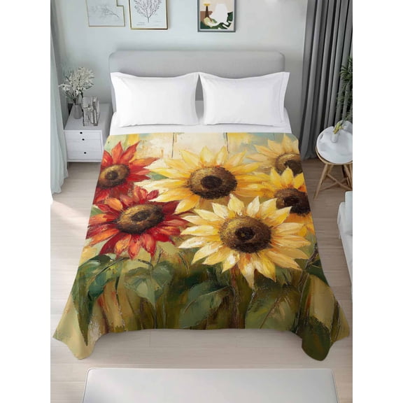 Summer Sunflowers Twim Size Flat Sheet, Wrinkleproof & Fadeproof Cooling Flat Bed Sheet Only, Red Yellow Floral Leaf Wood Grain Breathable Soft Bedding Top Sheets 66 x 96 Inches