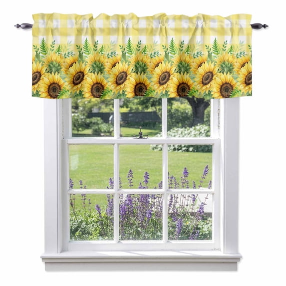 Summer Sunflowers Valance Curtain for Windows Floral Green Leaves Yellow Buffalo Plaid Rod Pocket Curtain Valances Short Window Treatments Panels for Kitchen Bathroom Laundry Basement 56 x 16 Inch