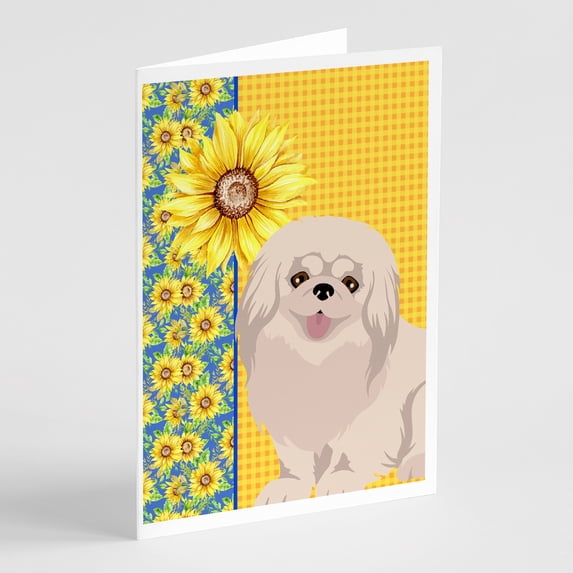 Summer Sunflowers White Pekingese Greeting Cards and Envelopes Pack of 8 7 in x 5 in